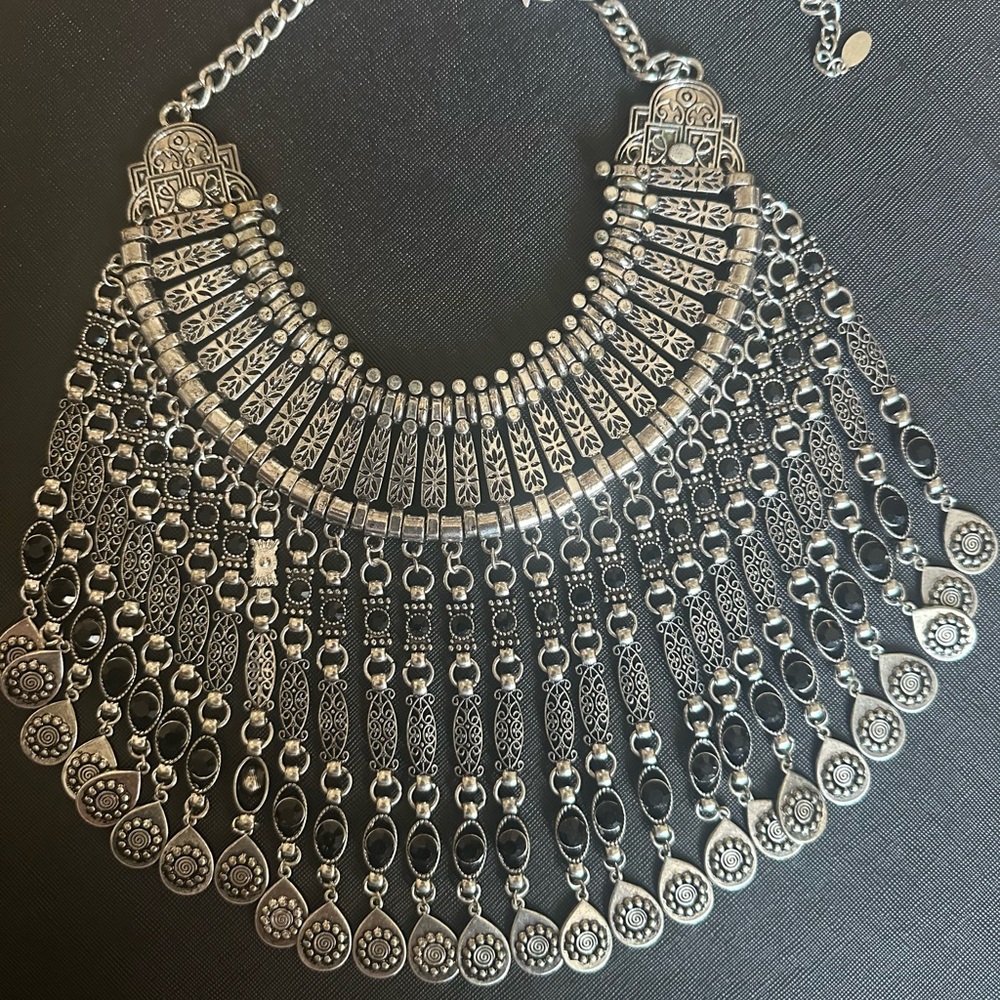 Boho Silver Coin Statement Choker Gypsy Tassel Necklace Jewelry